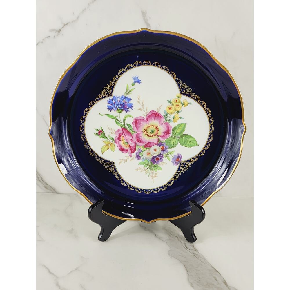 Lindner Echt Cobalt Floral Server Platter Moosrose Bavaria 12" Gold Trim 80s Vtg